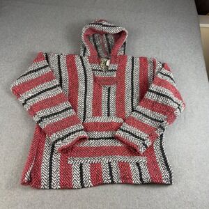 Y2K Baja Joe Mens Mexican Hoodie Striped Drug Rug Red Black White Size M